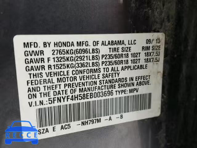 2014 HONDA PILOT EXL 5FNYF4H58EB003696 image 9