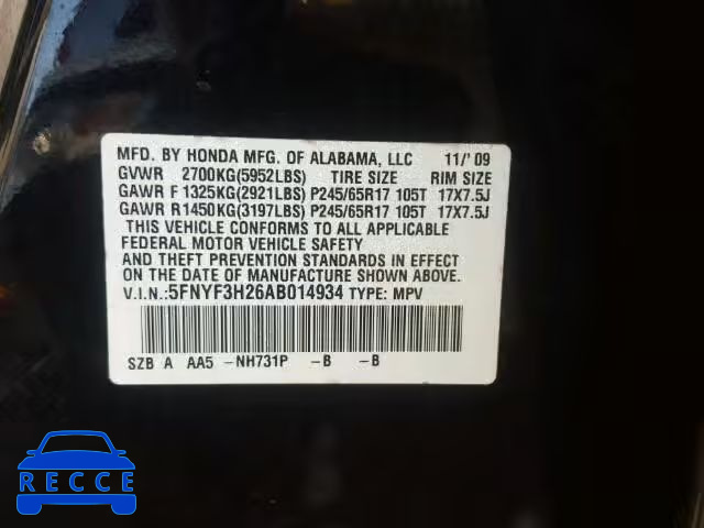 2010 HONDA PILOT LX 5FNYF3H26AB014934 image 9