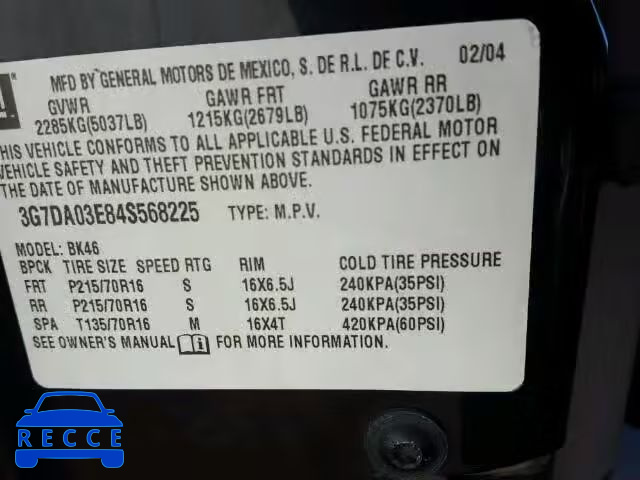 2004 PONTIAC AZTEK 3G7DA03E84S568225 image 9