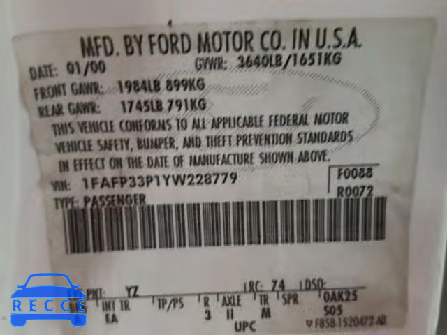 2000 FORD FOCUS LX 1FAFP33P1YW228779 image 9