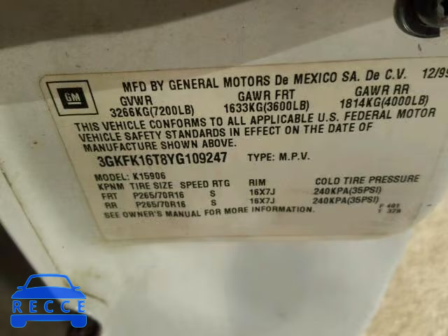 2000 GMC YUKON XL K 3GKFK16T8YG109247 image 9