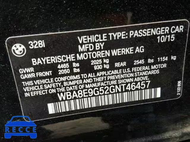 2016 BMW 328I SULEV WBA8E9G52GNT46457 зображення 9