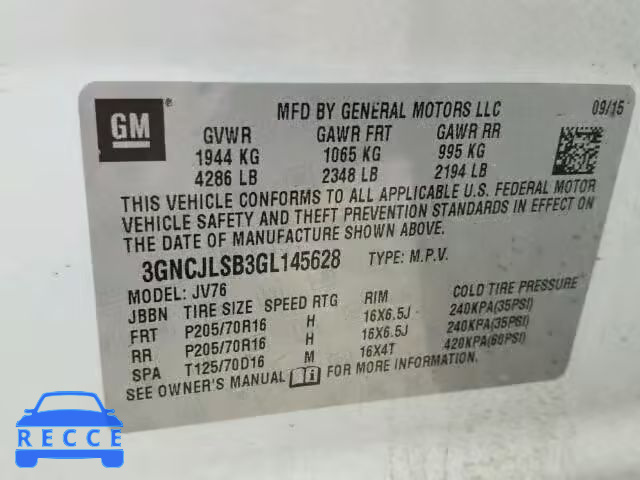 2016 CHEVROLET TRAX 1LT 3GNCJLSB3GL145628 image 9