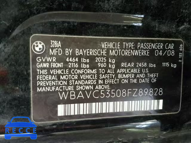 2008 BMW 328I SULEV WBAVC53508FZ89828 зображення 9