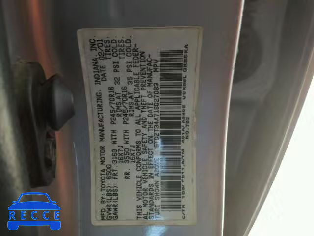 2001 TOYOTA SEQUOIA SR 5TDZT34A71S027083 image 9