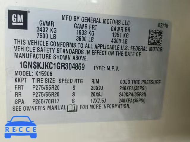 2016 CHEVROLET K1500 SUBU 1GNSKJKC1GR304869 зображення 9