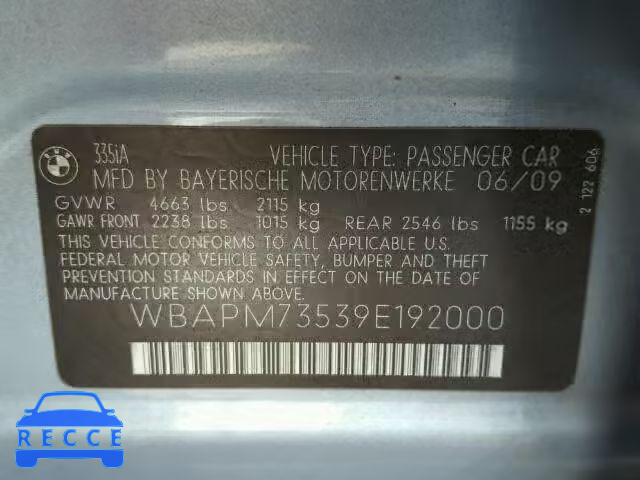 2009 BMW 335I WBAPM73539E192000 image 9