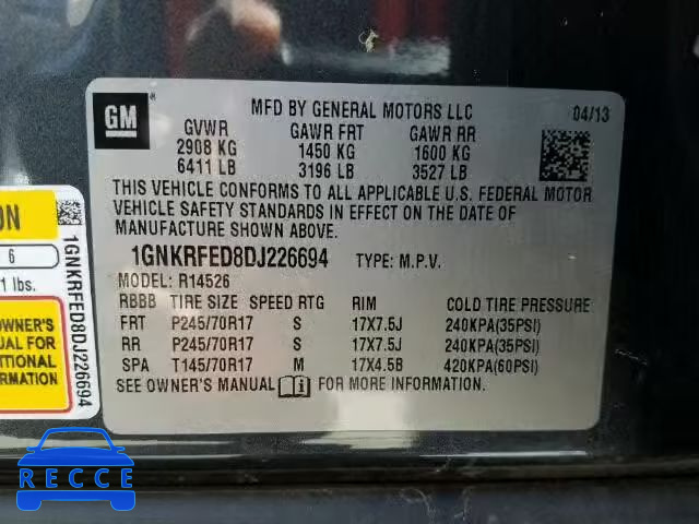 2013 CHEVROLET TRAVERSE L 1GNKRFED8DJ226694 image 9