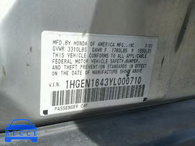 2000 HONDA CIVIC GX 1HGEN1643YL000710 image 9