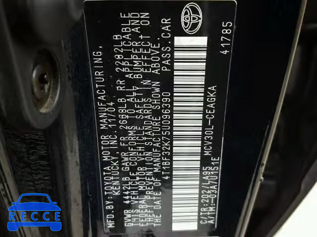 2005 TOYOTA CAMRY LE/X 4T1BF32K75U096390 image 9