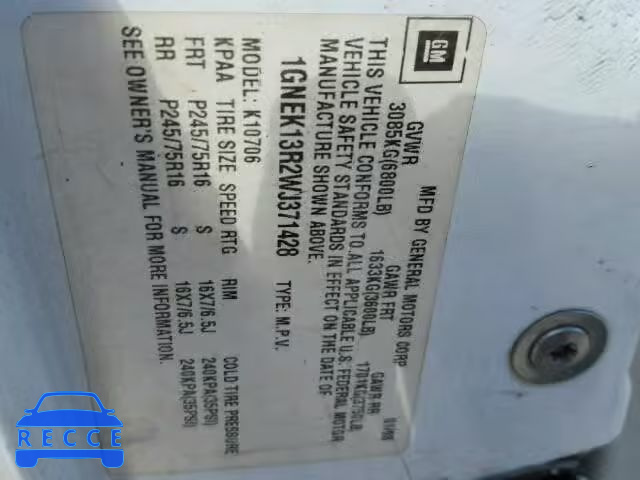 1998 CHEVROLET TAHOE K150 1GNEK13R2WJ371428 image 9