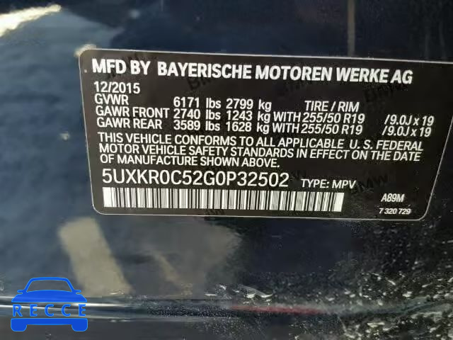 2016 BMW X5 XDRIVE3 5UXKR0C52G0P32502 image 9