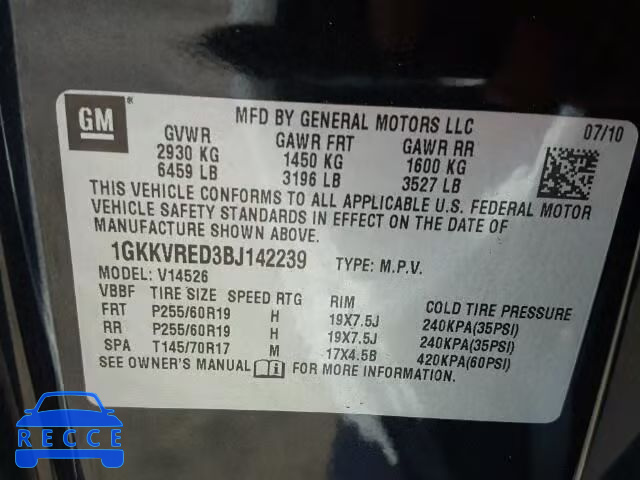 2011 GMC ACADIA SLT 1GKKVRED3BJ142239 image 9