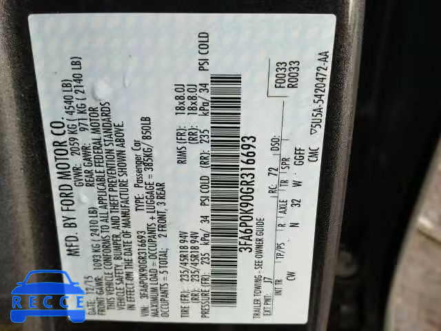 2016 FORD FUSION TIT 3FA6P0K90GR316693 Bild 9