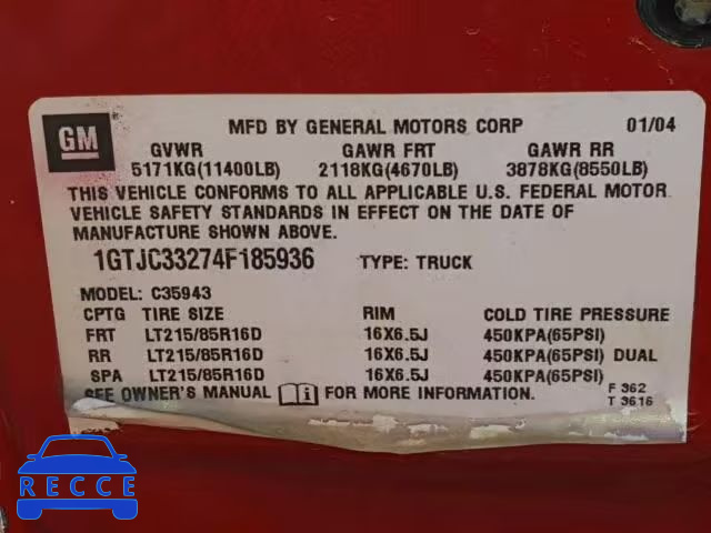 2004 GMC SIERRA C35 1GTJC33274F185936 image 9