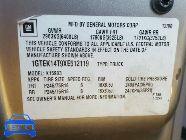 1999 GMC SIERRA K15 1GTEK14T9XE512119 image 9