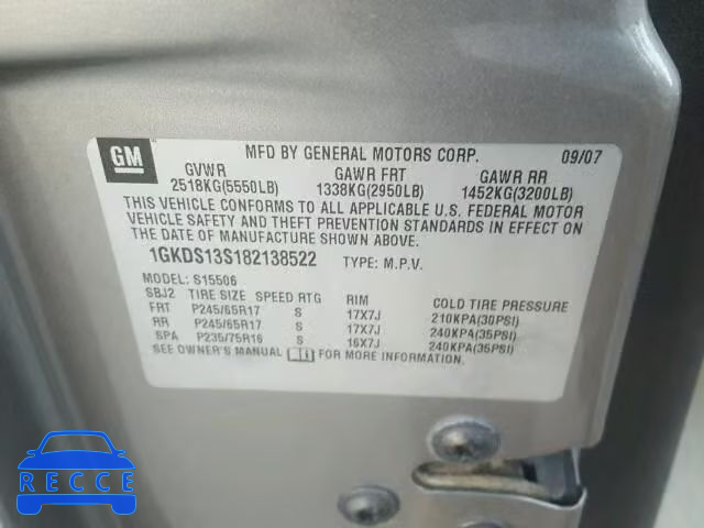 2008 GMC ENVOY 1GKDS13S182138522 image 9