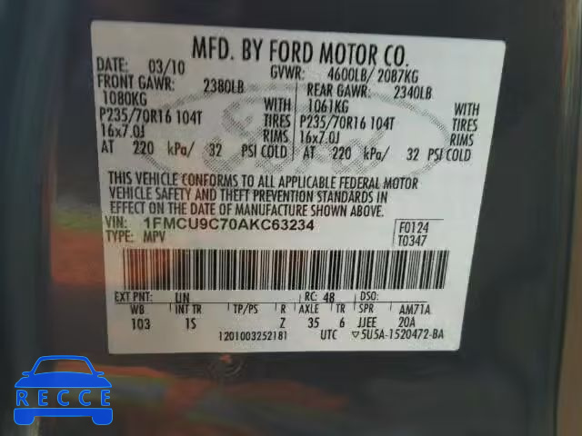 2010 FORD ESCAPE XLS 1FMCU9C70AKC63234 image 9