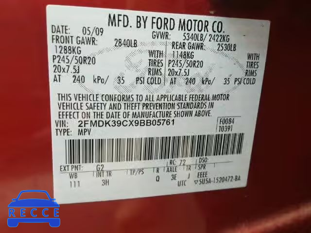 2009 FORD EDGE LIMIT 2FMDK39CX9BB05761 Bild 9