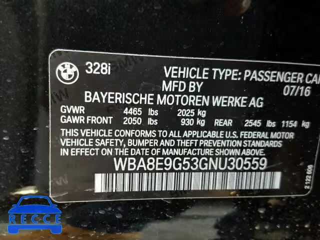 2016 BMW 328I SULEV WBA8E9G53GNU30559 зображення 9