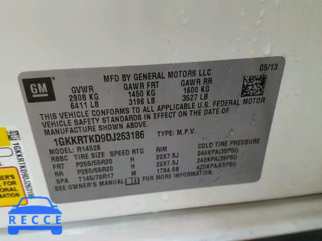 2013 GMC ACADIA DEN 1GKKRTKD9DJ263186 зображення 9