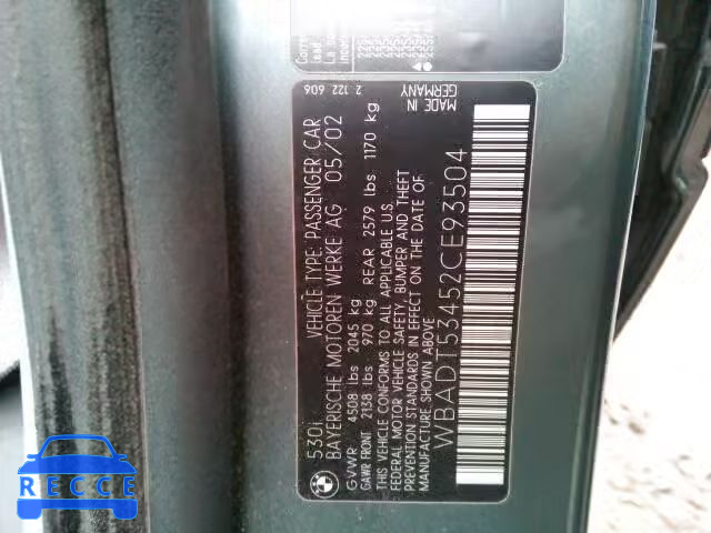 2002 BMW 530I WBADT53452CE93504 image 9