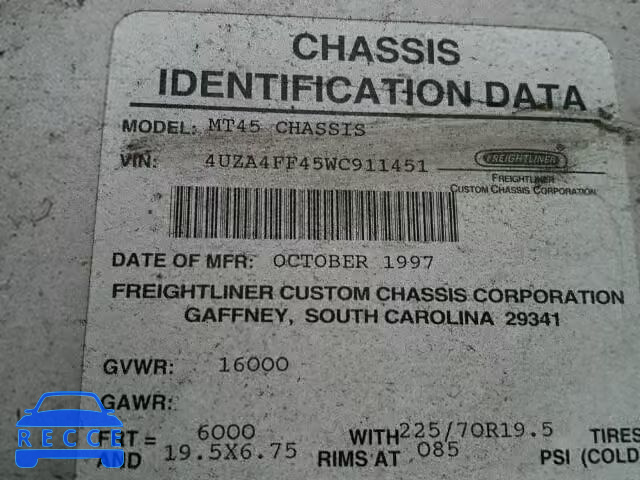 1998 FREIGHTLINER M LINE WAL 4UZA4FF45WC911451 image 9