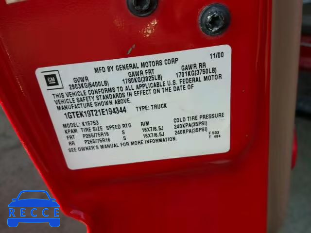 2001 GMC SIERRA K15 1GTEK19T21E194344 image 9