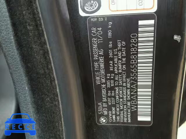 2005 BMW 530I WBANA73565B818280 image 9