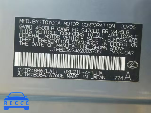 2006 LEXUS IS350 JTHBE262462003705 image 9