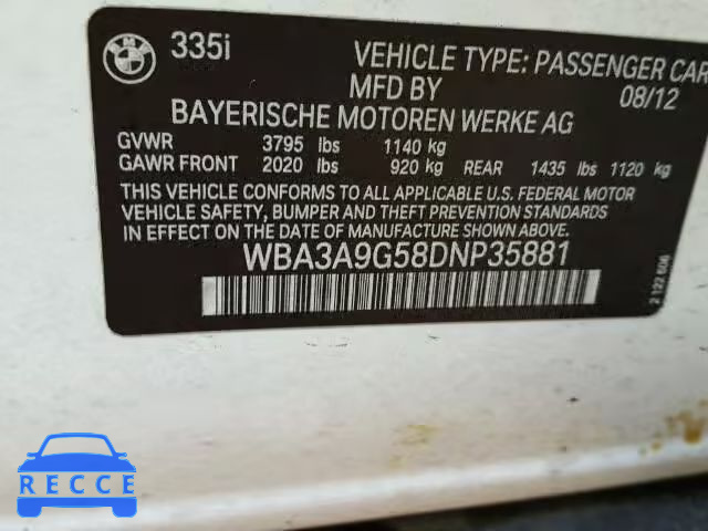 2013 BMW 335I WBA3A9G58DNP35881 зображення 9
