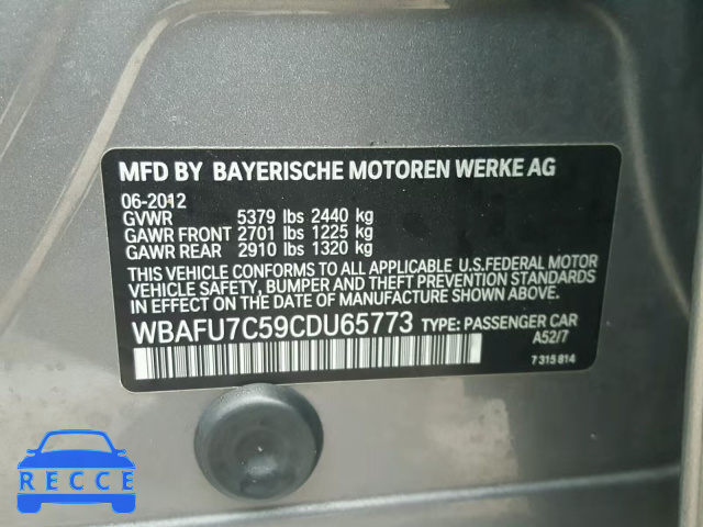 2012 BMW 535 XI WBAFU7C59CDU65773 зображення 9