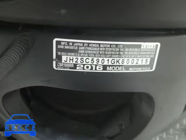 2016 HONDA CBR1000 RR JH2SC5901GK800215 зображення 18