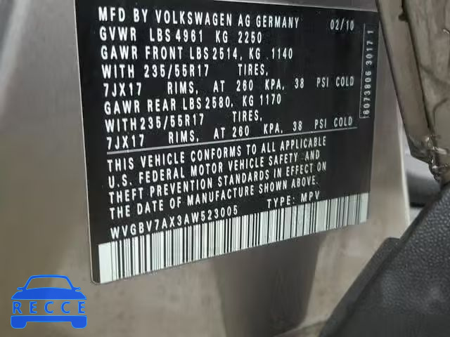 2010 VOLKSWAGEN TIGUAN SE WVGBV7AX3AW523005 image 9