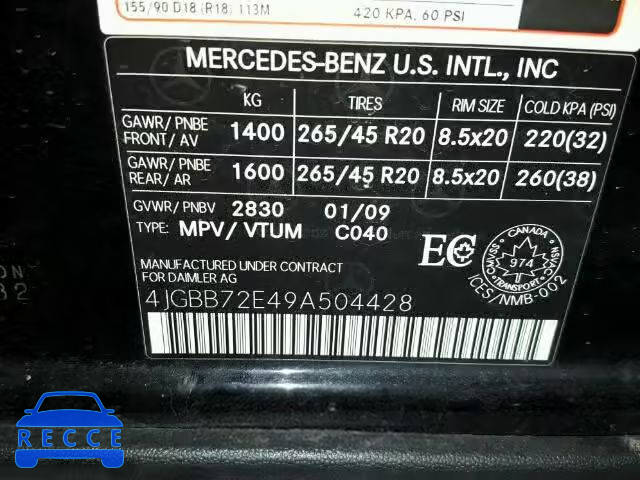 2009 MERCEDES-BENZ ML 550 4JGBB72E49A504428 Bild 9