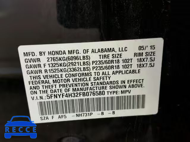 2015 HONDA PILOT SE 5FNYF4H32FB076580 image 9