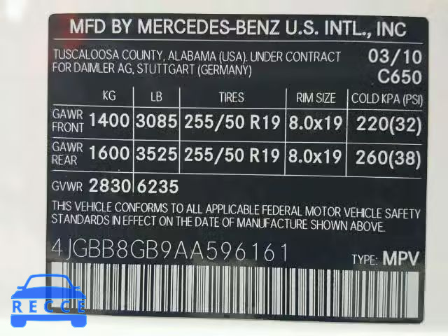 2010 MERCEDES-BENZ ML 350 4MA 4JGBB8GB9AA596161 Bild 9