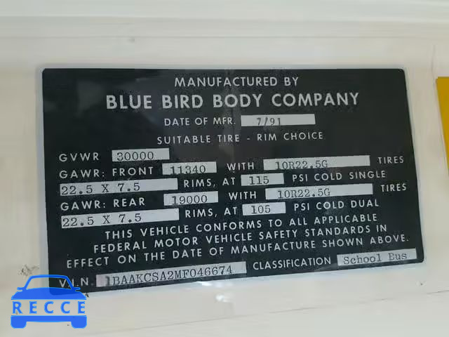 1991 BLUE BIRD SCHOOL BUS 1BAAKCSA2MF046674 зображення 9