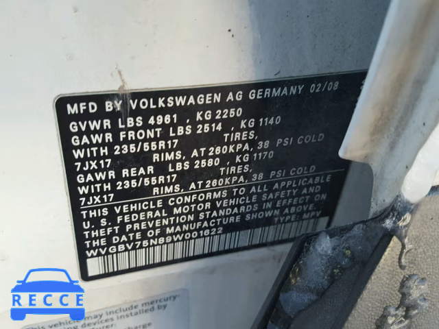 2009 VOLKSWAGEN TIGUAN SE WVGBV75N89W001622 image 9