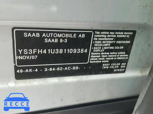 2008 SAAB 9-3 AERO YS3FH41U381109384 зображення 9