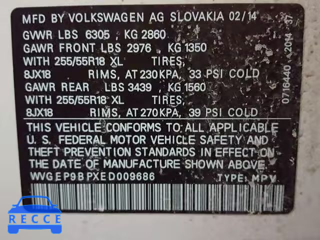 2014 VOLKSWAGEN TOUAREG V6 WVGEP9BPXED009686 image 9