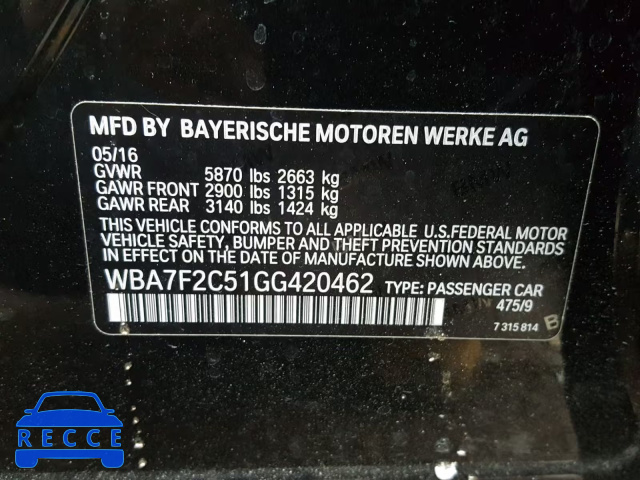 2016 BMW 750 XI WBA7F2C51GG420462 зображення 9
