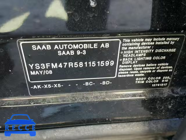 2008 SAAB 9-3 TURBOX YS3FM47R581151599 зображення 9