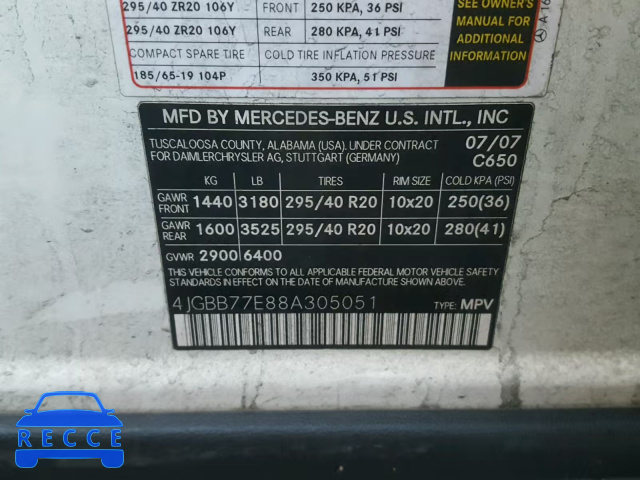 2008 MERCEDES-BENZ ML 63 AMG 4JGBB77E88A305051 зображення 9