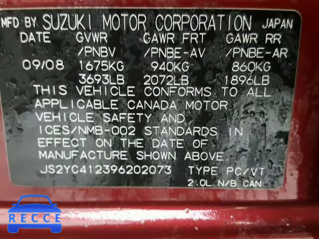 2009 SUZUKI SX4 BASE JS2YC412396202073 Bild 9