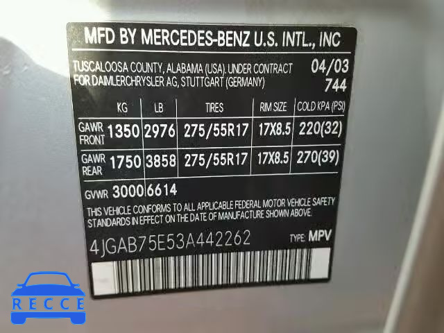 2003 MERCEDES-BENZ ML 500 4JGAB75E53A442262 image 9