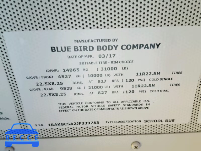 2018 BLUE BIRD SCHOOL BUS 1BAKGCSA2JF339783 Bild 9