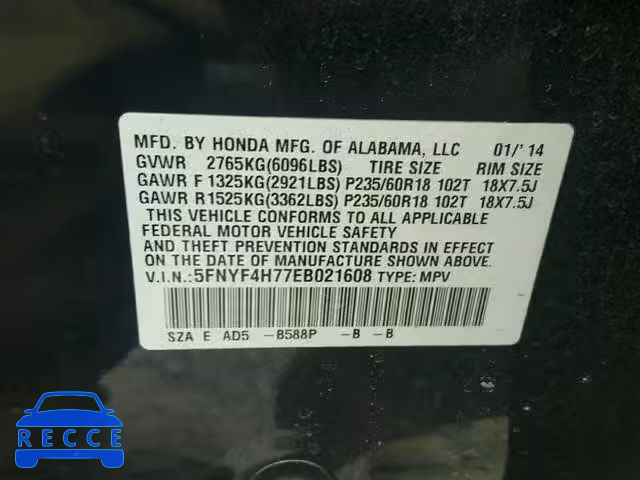 2014 HONDA PILOT EXLN 5FNYF4H77EB021608 image 9