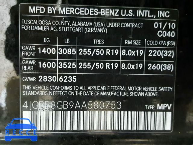 2010 MERCEDES-BENZ ML 350 4MA 4JGBB8GB9AA580753 image 9