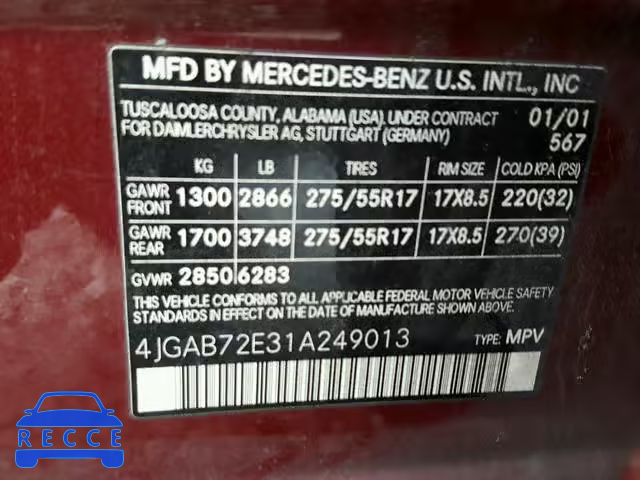 2001 MERCEDES-BENZ ML 430 4JGAB72E31A249013 зображення 9